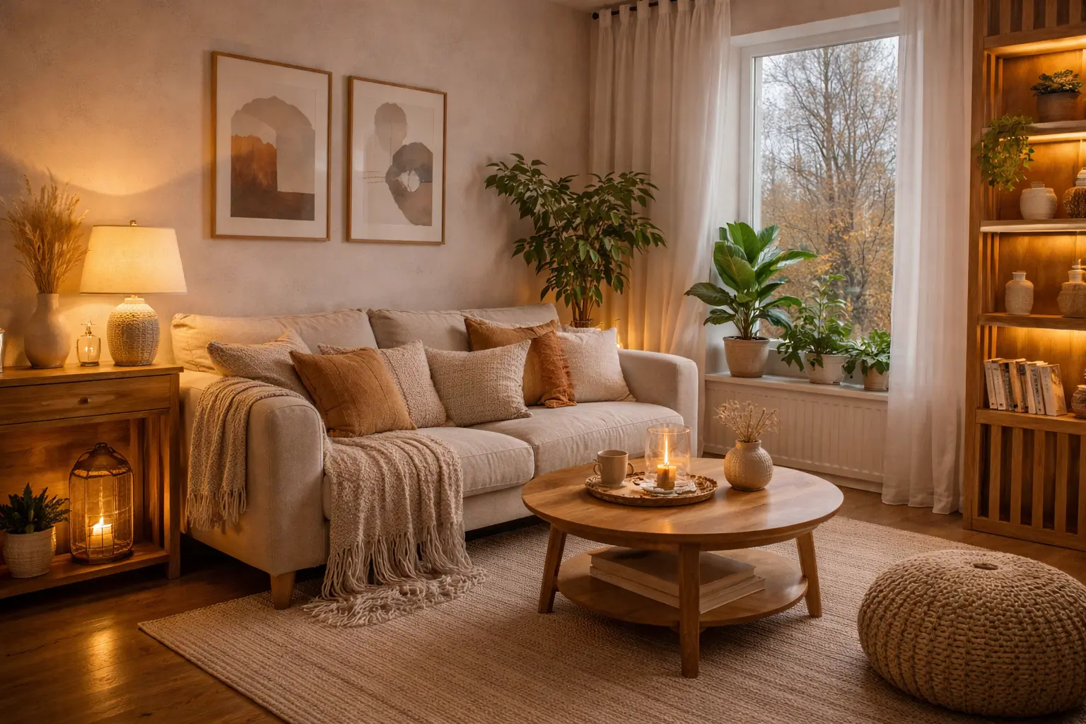 Cozy minimalist living room with beige sofa, warm lighting, wooden decor, and soft neutral tones”