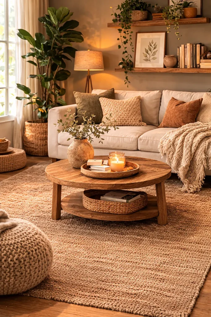 Cozy living room with a natural jute rug under a wooden coffee table, beige sofa with textured pillows and knit throw, indoor plants, floating wooden shelves, warm lighting, and neutral boho-style decor.