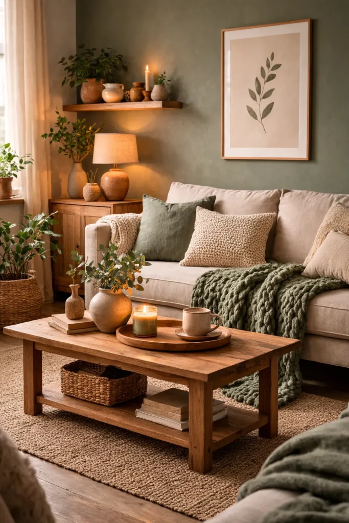 Cozy sage green living room with a beige sofa, chunky knit throw blanket, textured throw pillows, wooden coffee table with candle and ceramic vase, indoor plants, woven basket, and natural fiber rug creating a warm minimalist decor.