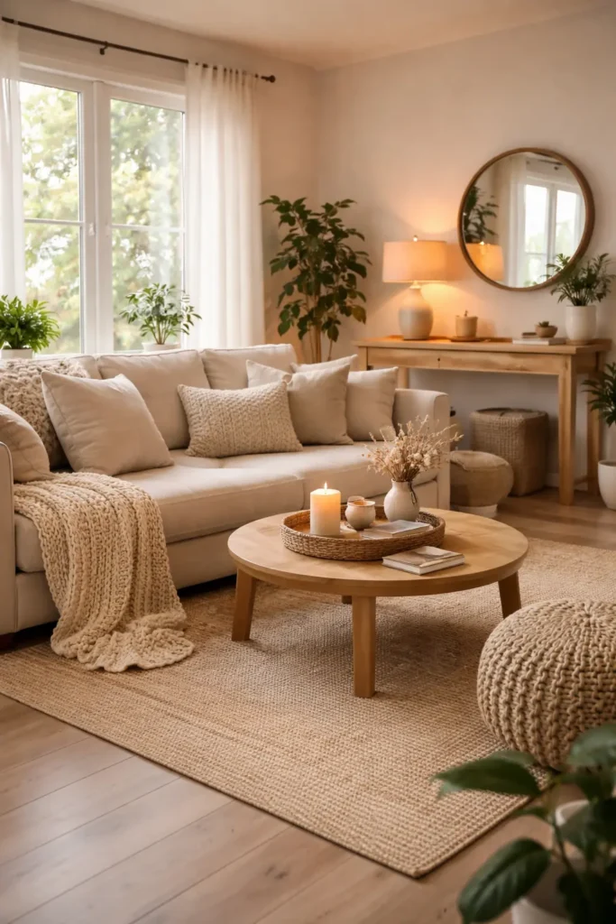 Cozy home decor ideas with warm lighting, neutral living room, textured pillows, wooden coffee table, and plants creating a warm inviting space.