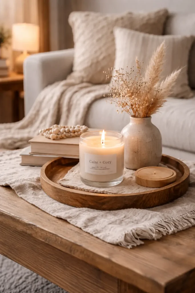 Cozy living room decor with a scented candle on a wooden tray, pampas grass vase, and books creating a warm neutral hygge atmosphere.