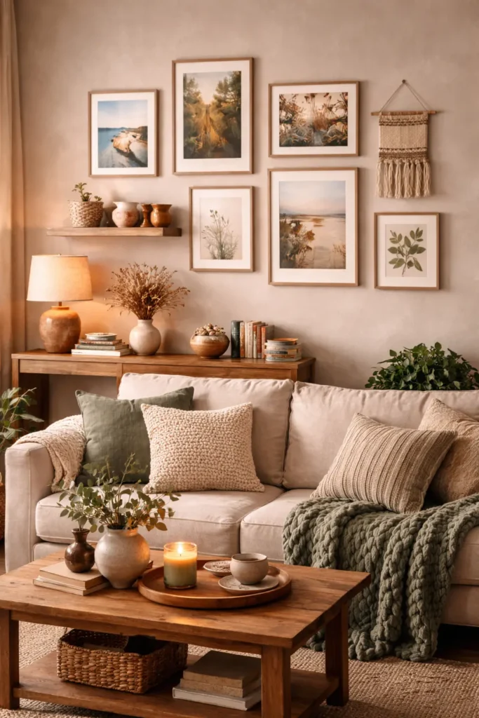 Cozy living room with a gallery wall featuring framed photos, meaningful artwork, and handmade wall decor above a beige sofa, styled with textured throw pillows, chunky knit blanket, wooden coffee table, favorite books, plants, and warm ambient lighting.