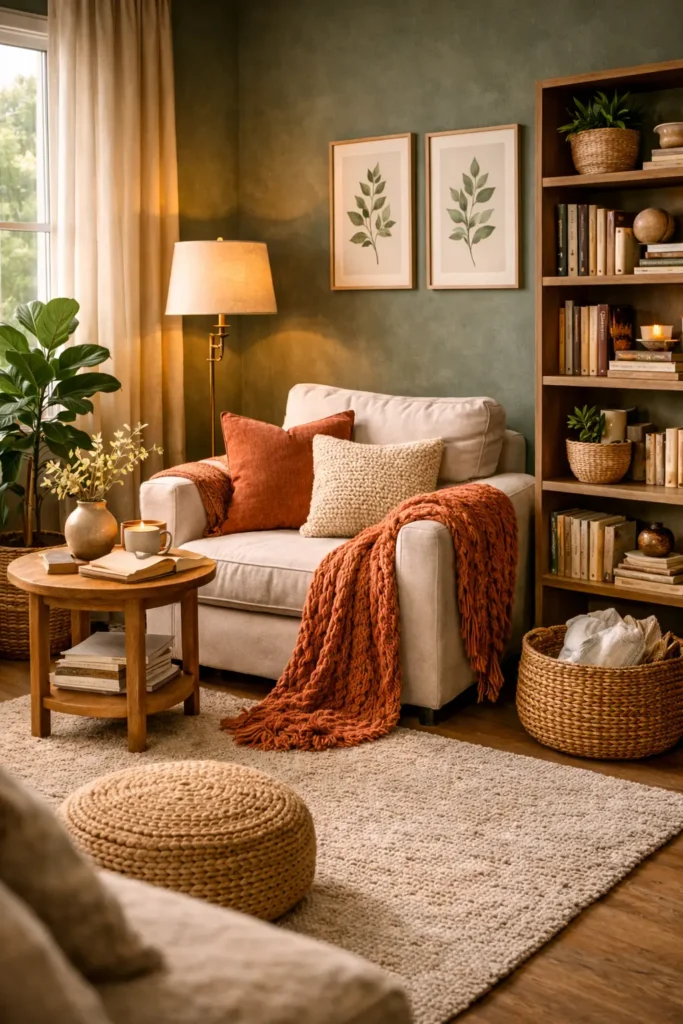Cozy reading corner nook with a beige armchair, rust knit throw blanket, textured pillows, wooden side table with books and candle, floor lamp, indoor plants, woven basket, soft rug, and a warmly lit bookshelf against a sage green wall.