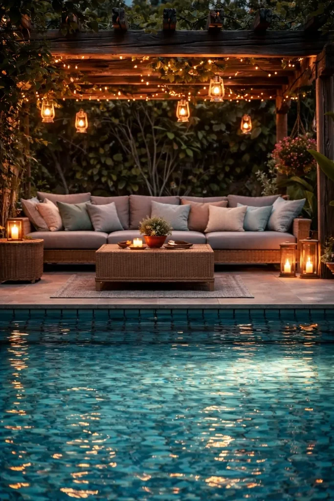 Cozy poolside decor ideas with warm string lights draped over a fence creating a soft evening glow