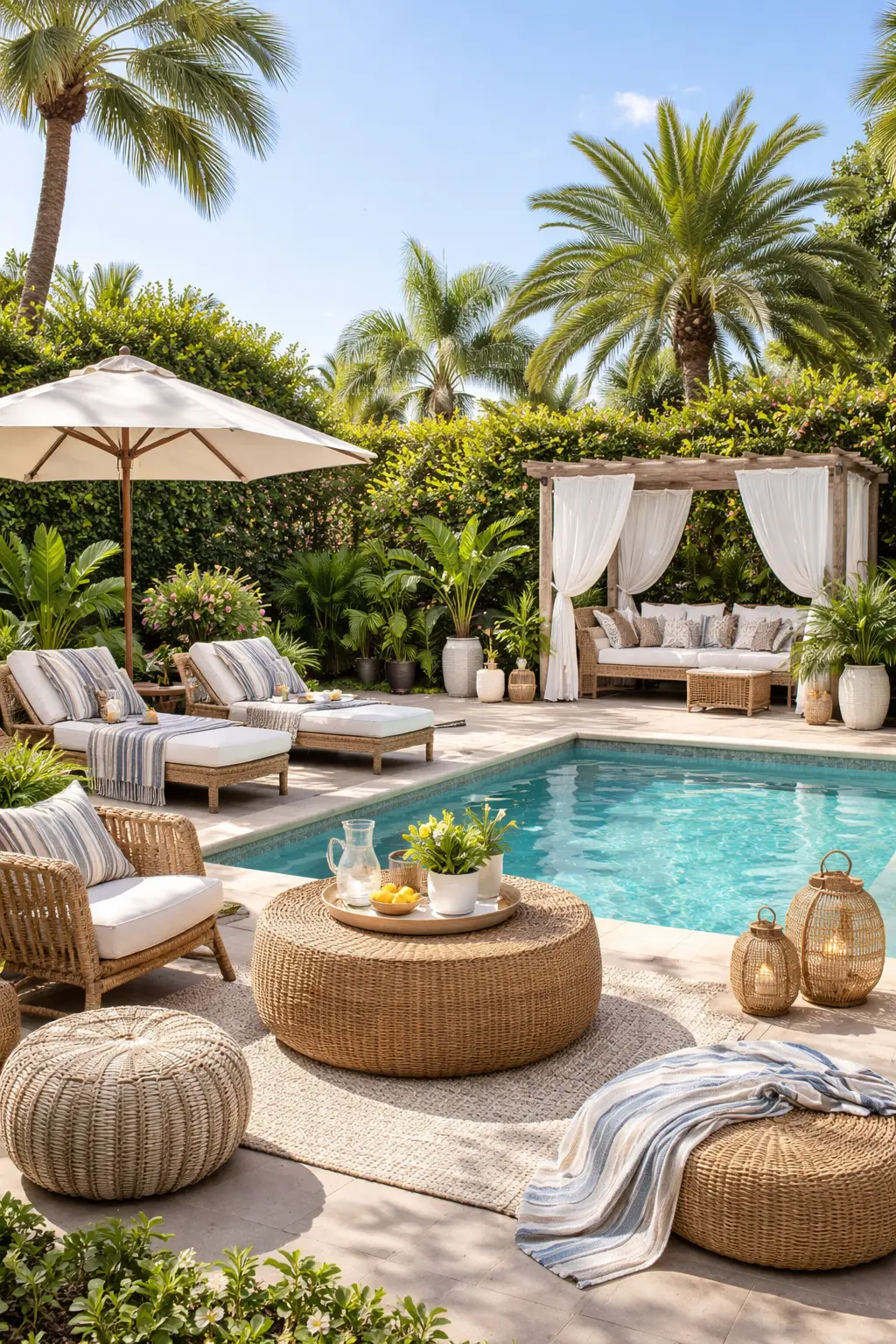 cozy poolside decor ideas with neutral furniture, outdoor rug, plants, and spa-like backyard seating area