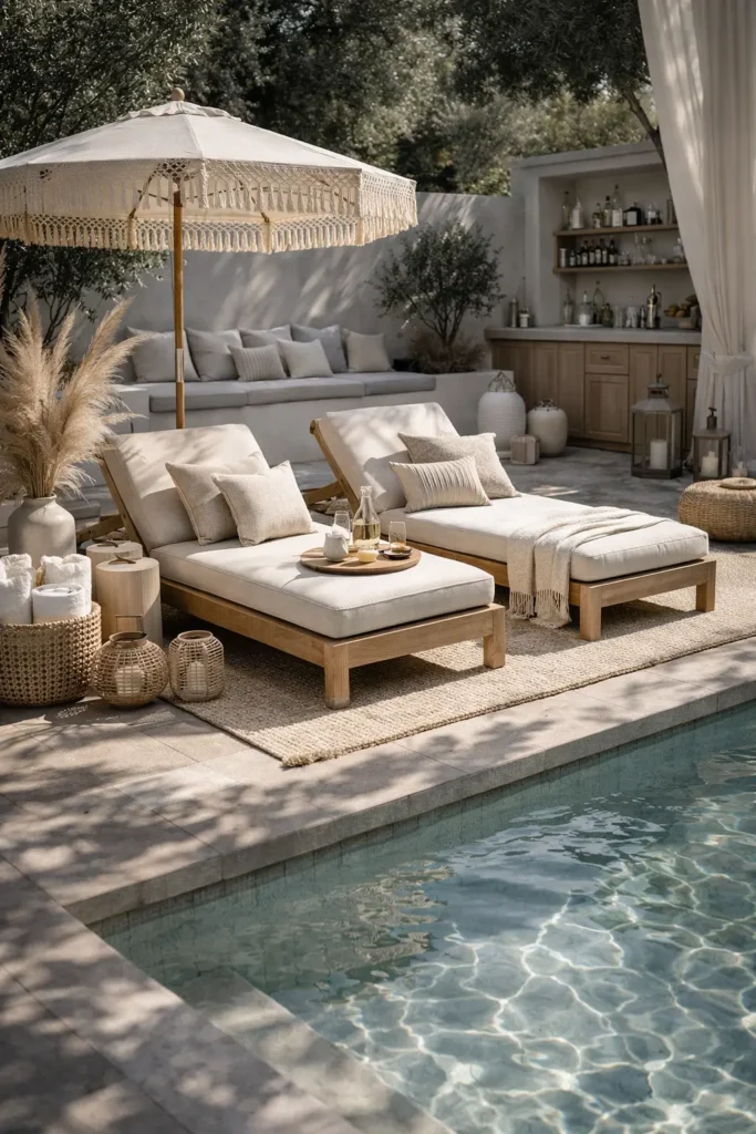 Beige and white outdoor cushions and decor for a calm poolside spa retreat aesthetic