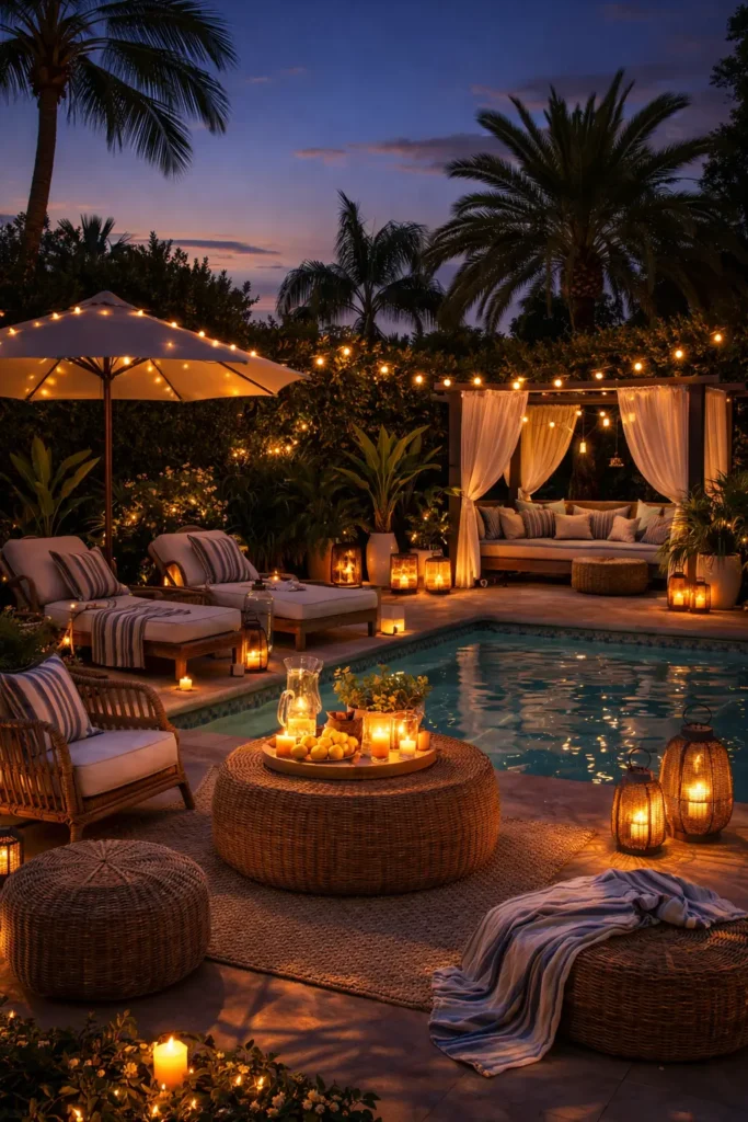 Cozy poolside decor ideas with warm string lights draped over a fence creating a soft evening glow