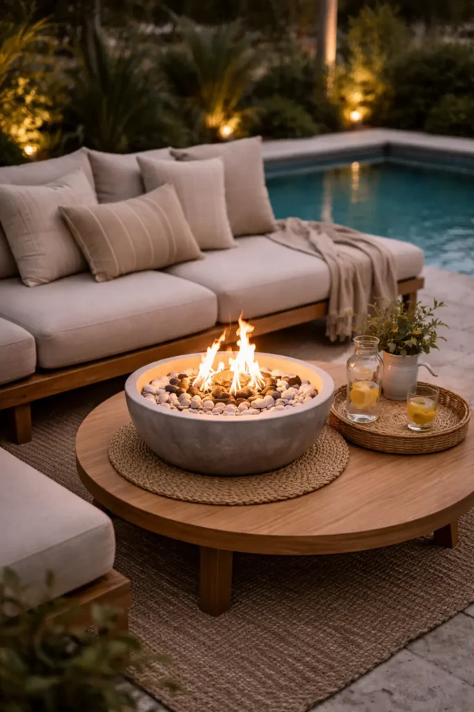  Portable fire pit surrounded by cozy poolside decor with warm lighting and neutral seating