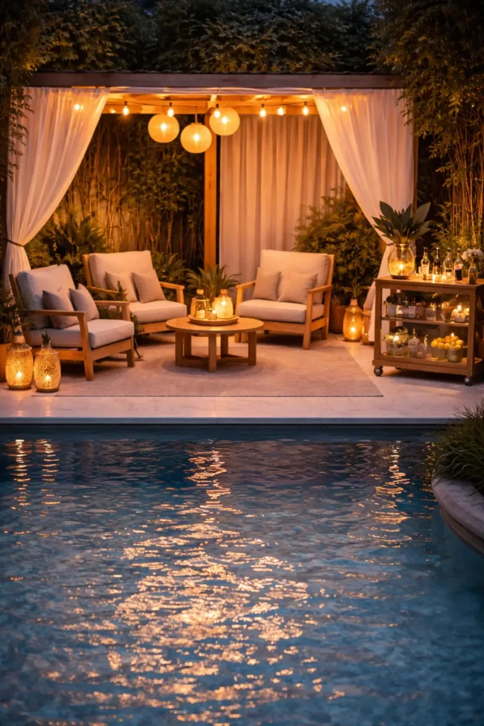 Evening poolside with floating LED candles, warm lights, and cozy seating for a relaxing night