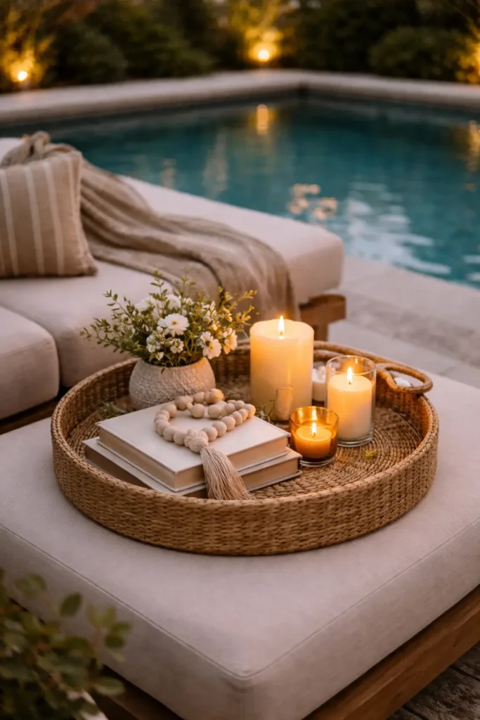 Stylish poolside tray with books, candles, and a small plant for a cozy outdoor vibe