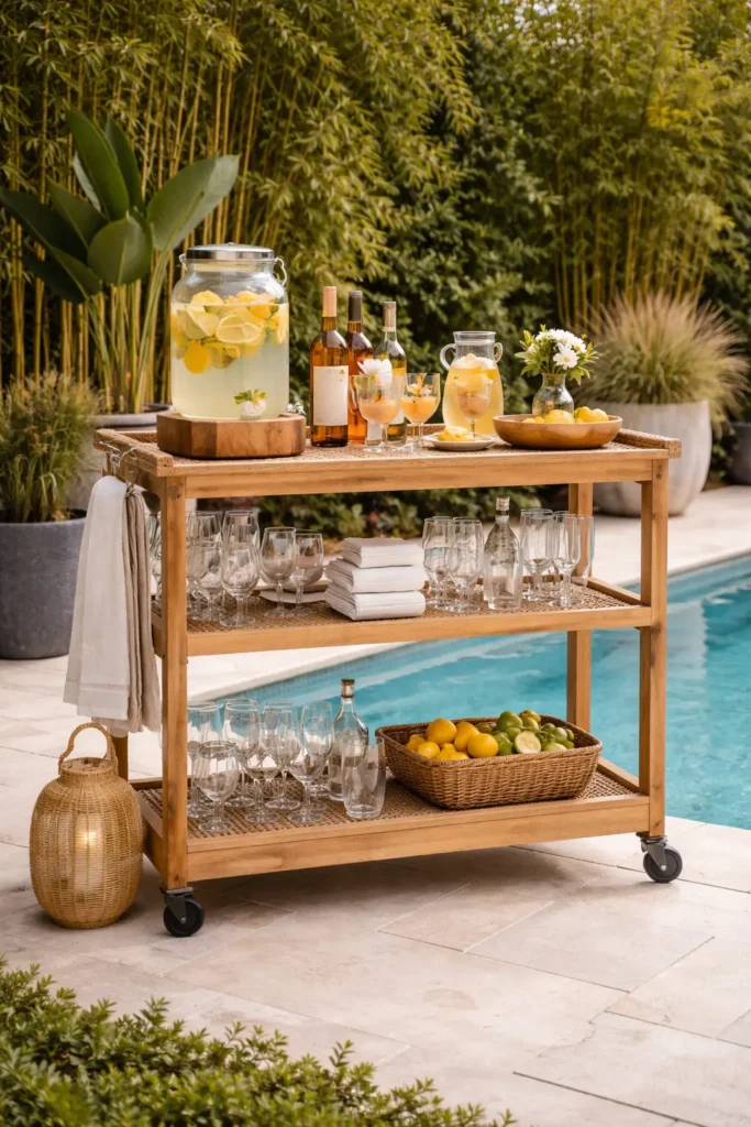Rattan bar cart with glass bottles and a tray for a stylish poolside drink station