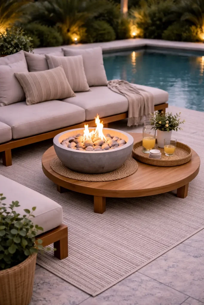 Neutral outdoor rug defining a seating area in a cozy poolside retreat design