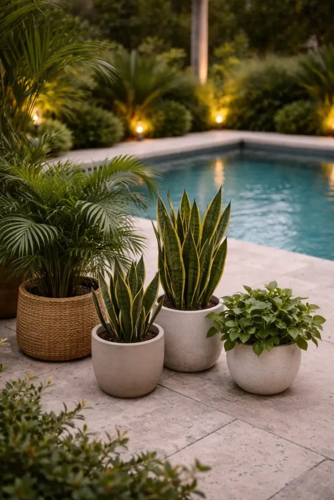 Tall potted plants adding greenery to a cozy poolside decor setup with neutral furniture