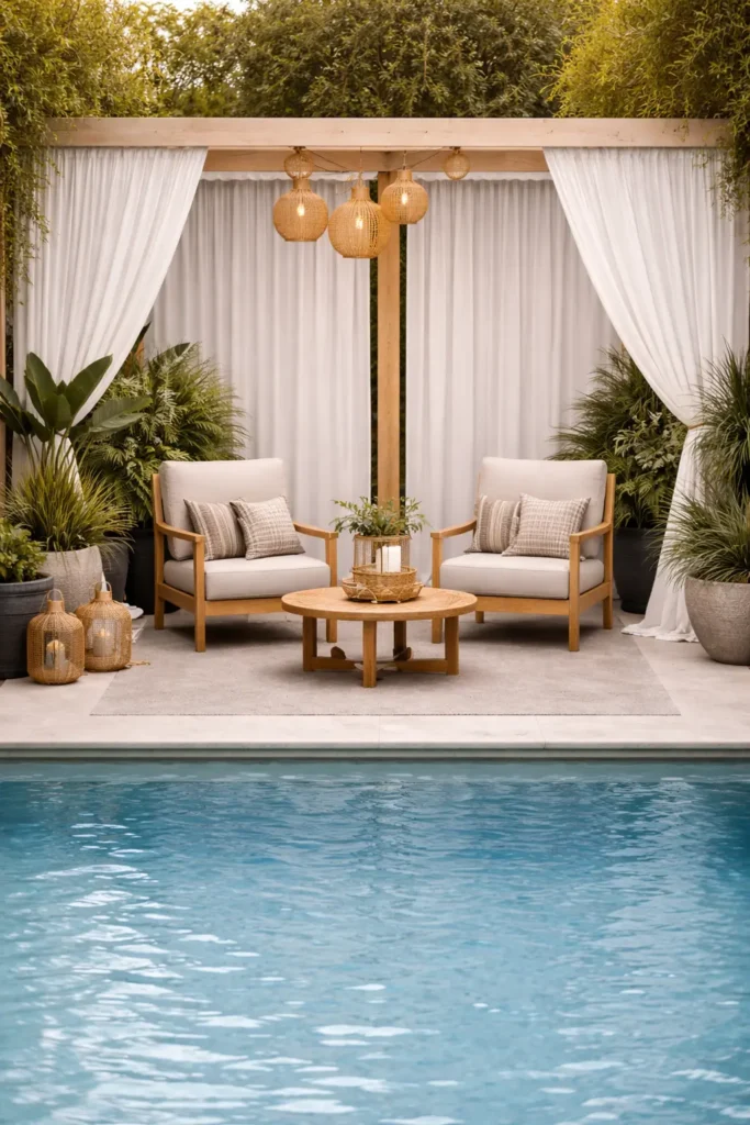 Wooden privacy screen and tall plants creating a secluded cozy poolside area