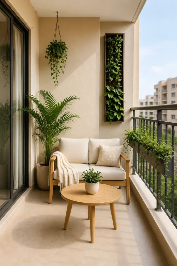 Small apartment balcony with a loveseat, hanging plant, vertical wall garden, floor palm, and railing planter
