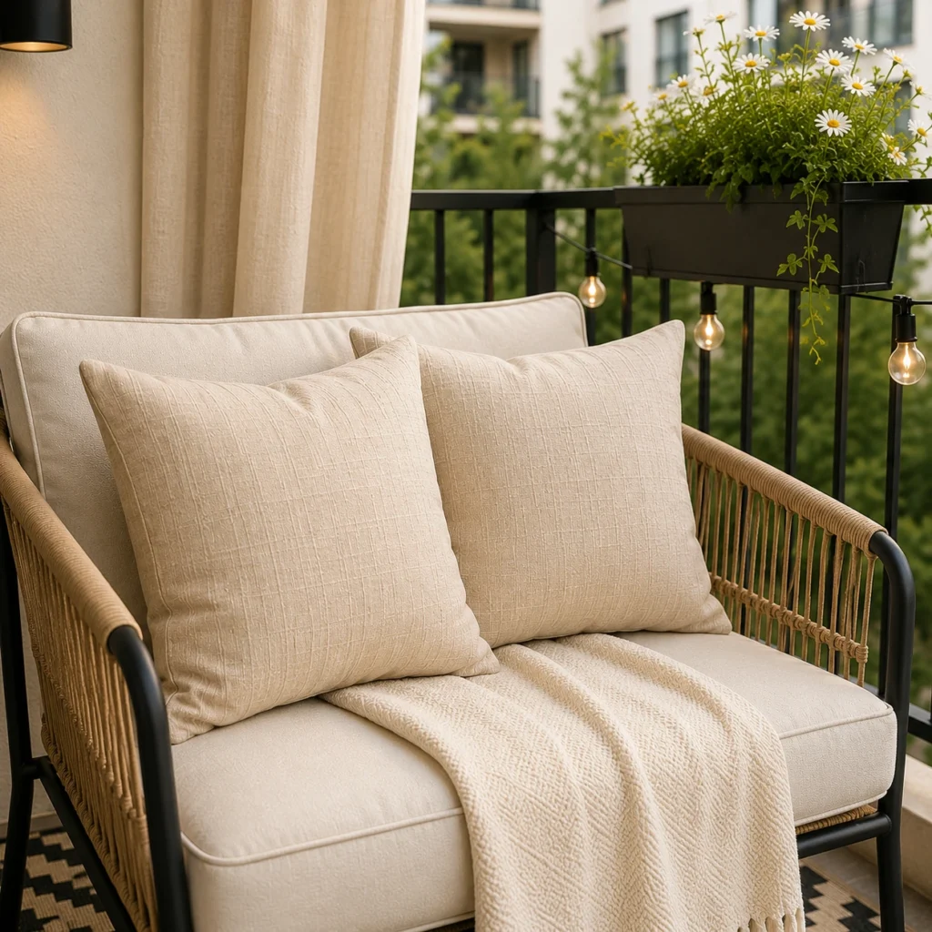 Light beige outdoor pillow covers styled on a cozy balcony seating area