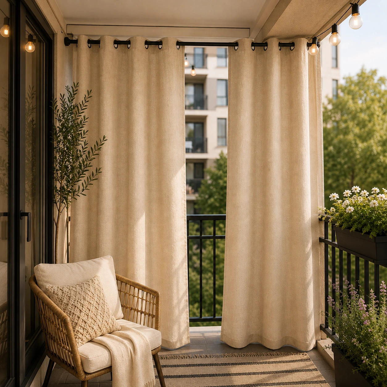 Cream outdoor privacy curtains creating a cozy and private balcony seating