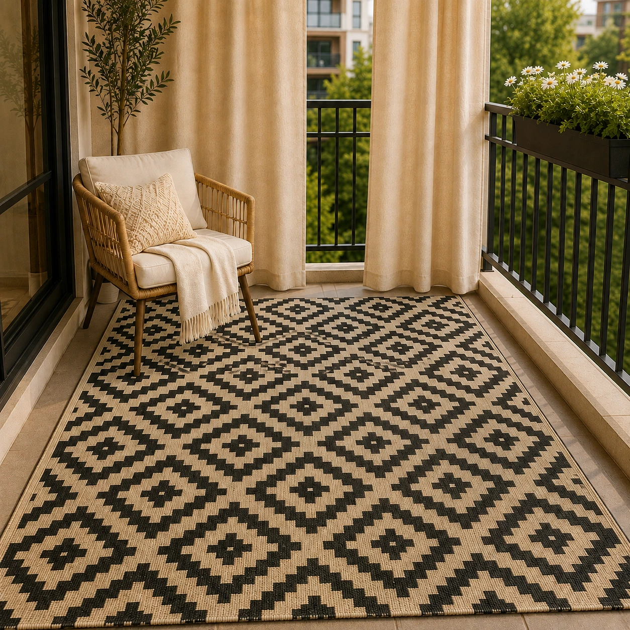 Black and beige geometric outdoor rug covering a cozy balcony floor