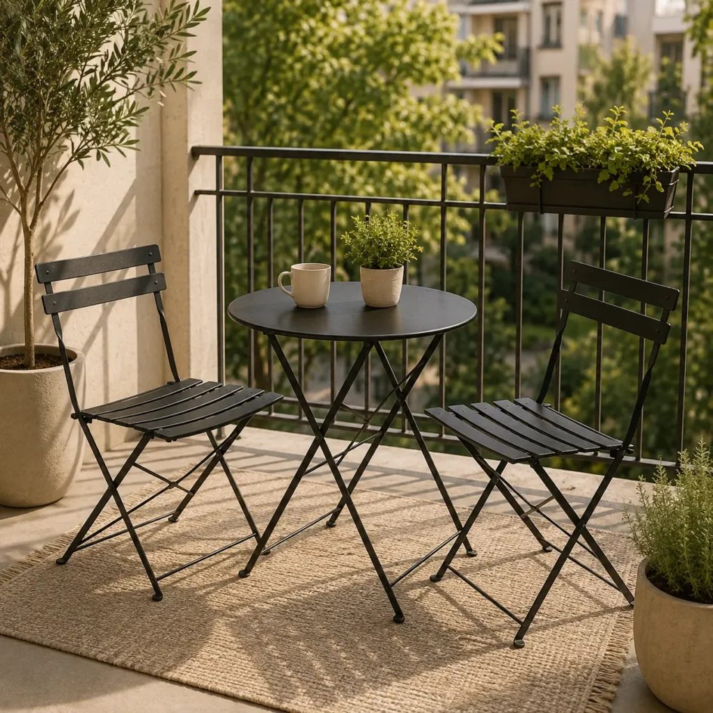 Black folding bistro set with two chairs and a round table for a small balcony