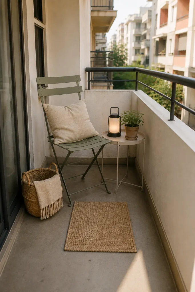 Budget-friendly small apartment balcony with a folding chair, compact table, woven basket, rug, and lantern