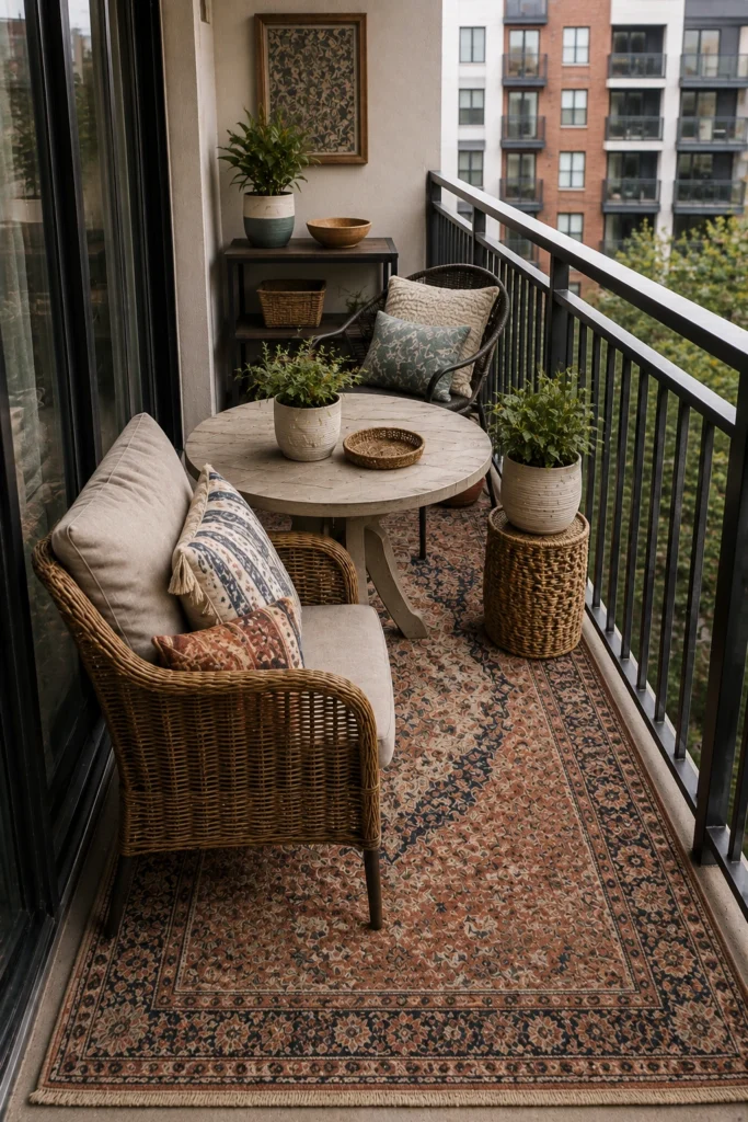 Over-decorated small apartment balcony with oversized rug, crowded seating, plants, and too many accessories