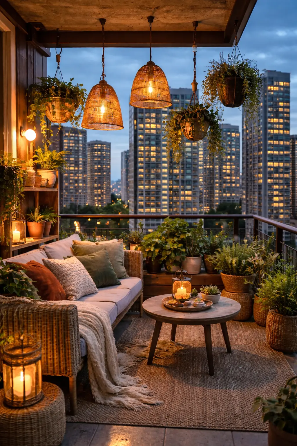 Cozy balcony with warm hanging lights, rattan seating, indoor plants, and a small table overlooking modern city buildings at evening.