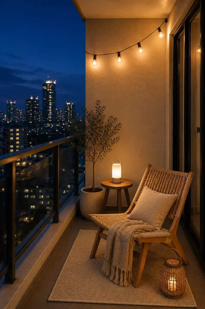 Cozy apartment balcony with warm string lights, rechargeable lamp, woven lantern, and city view