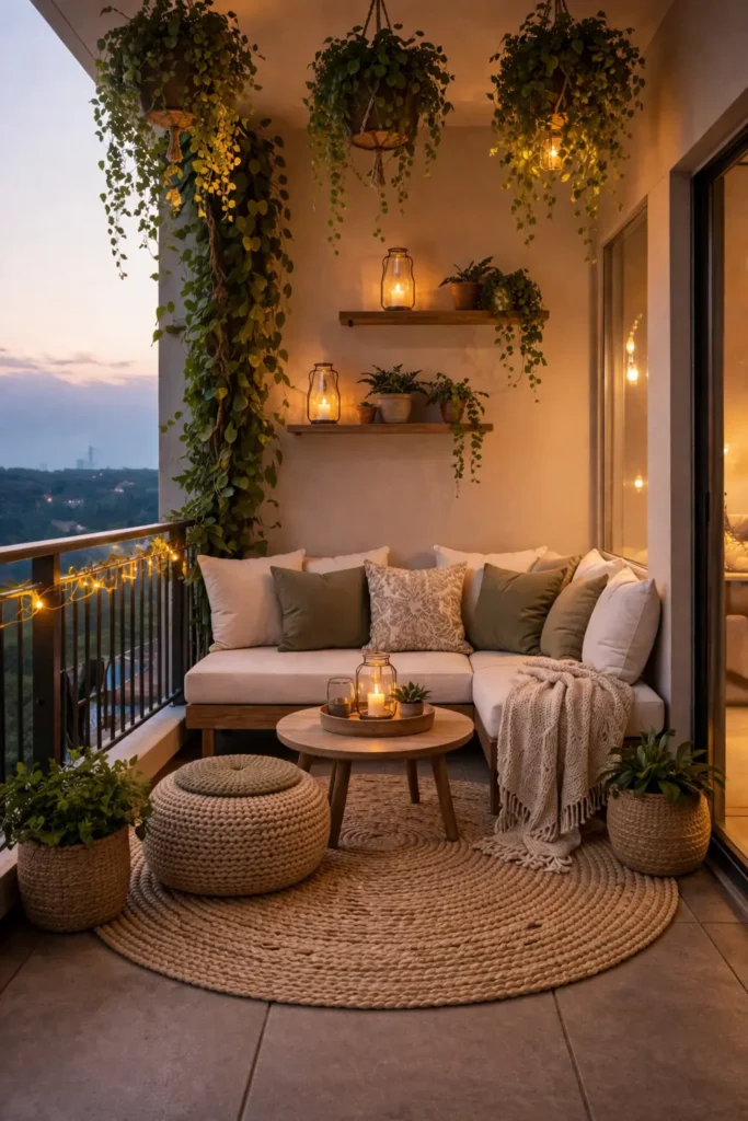 Cozy balcony with outdoor round rug, hanging plants, warm fairy lights on railing, wooden coffee table, and soft seating creating a relaxing evening space.