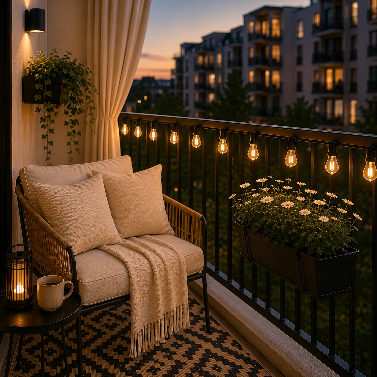 Warm white outdoor string lights glowing along a black balcony railing