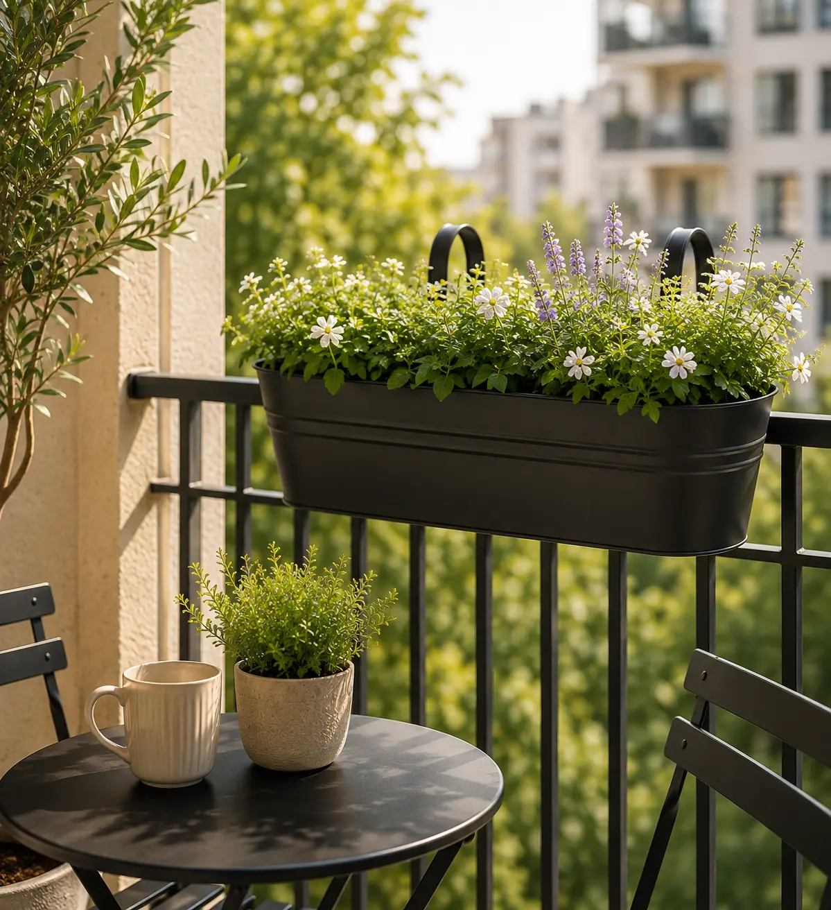 Black railing planter filled with flowers on a cozy apartment balcony