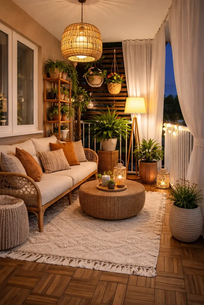 Cozy balcony with rattan sofa, woven coffee table, indoor plants, warm pendant lighting, floor lamp, and soft rug creating a relaxing evening space.