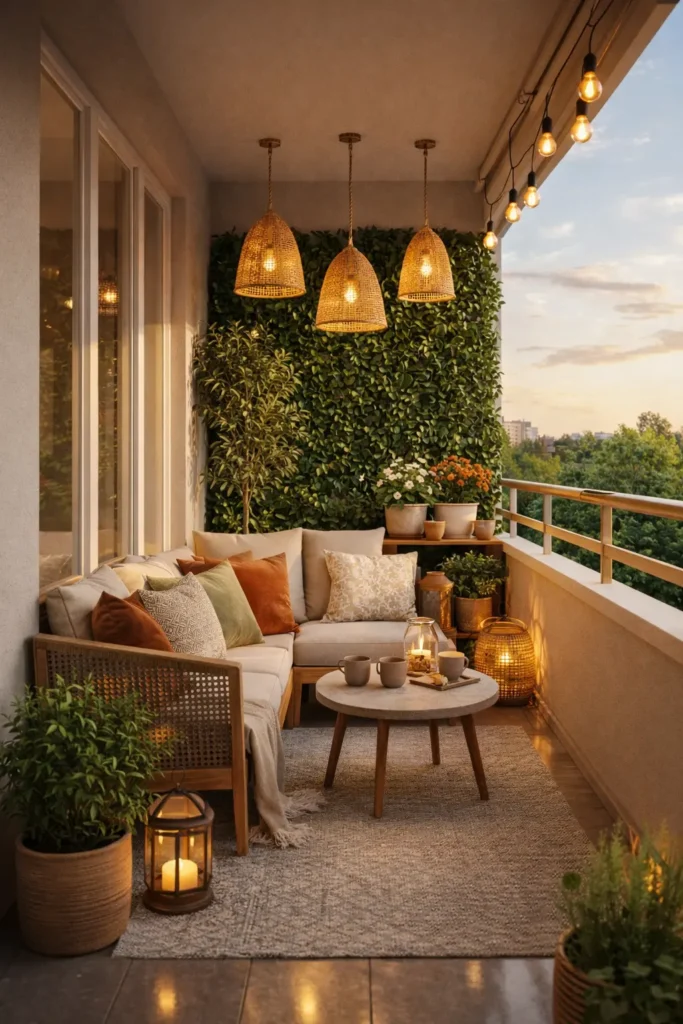 Cozy balcony with rattan seating, warm hanging pendant lights, green wall backdrop, potted plants, and a small coffee table creating a relaxing evening outdoor space.