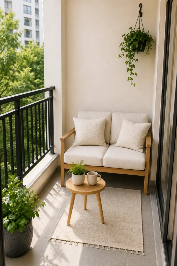 Cozy small apartment balcony with a cream loveseat, round wooden table, neutral rug, and hanging plant