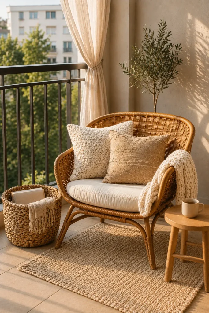 Cozy apartment balcony with a rattan chair, textured cushions, chunky throw, woven rug, and storage basket