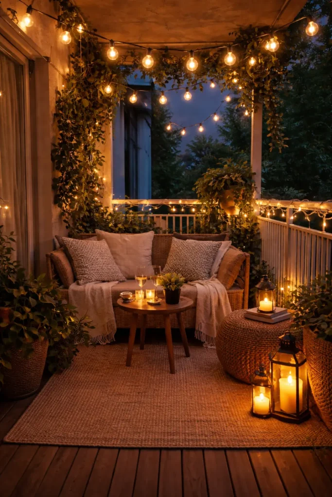 Cozy balcony with warm string lights, hanging mason jar candles, lanterns, rattan seating, and soft cushions creating a relaxing evening ambiance.