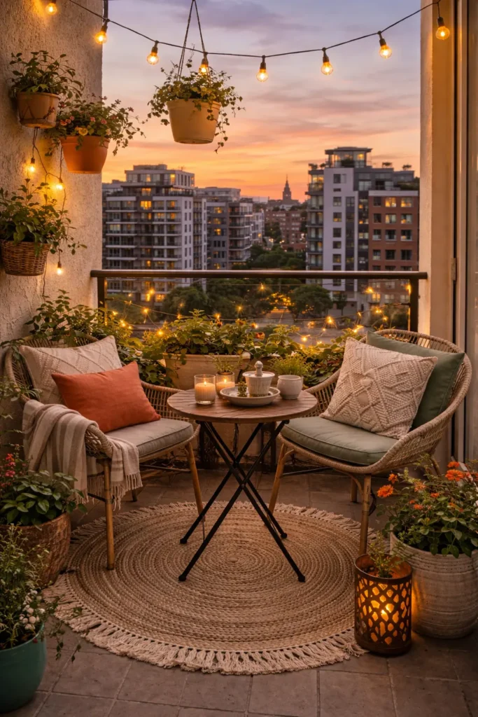 Cozy balcony with rattan chairs, small round table, warm string lights, potted plants, and city view at sunset creating a relaxing evening setup.