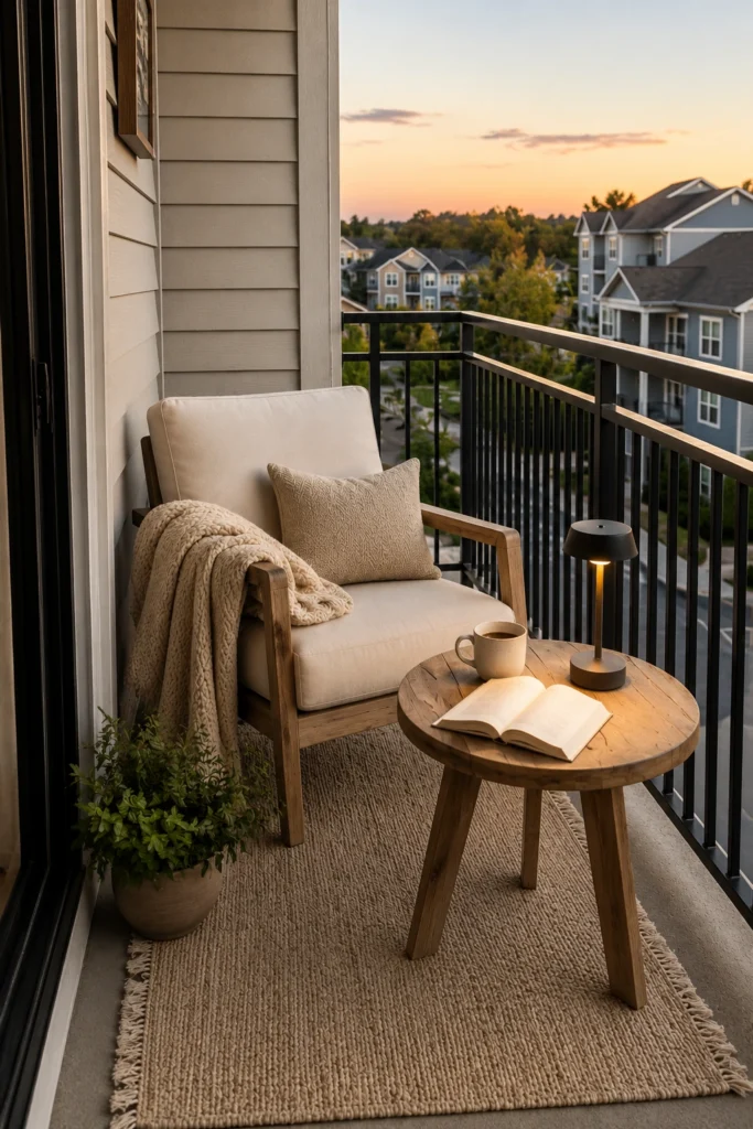 Cozy US apartment balcony reading nook with cream armchair, wooden table, open book, coffee, warm lamp, and neutral rug