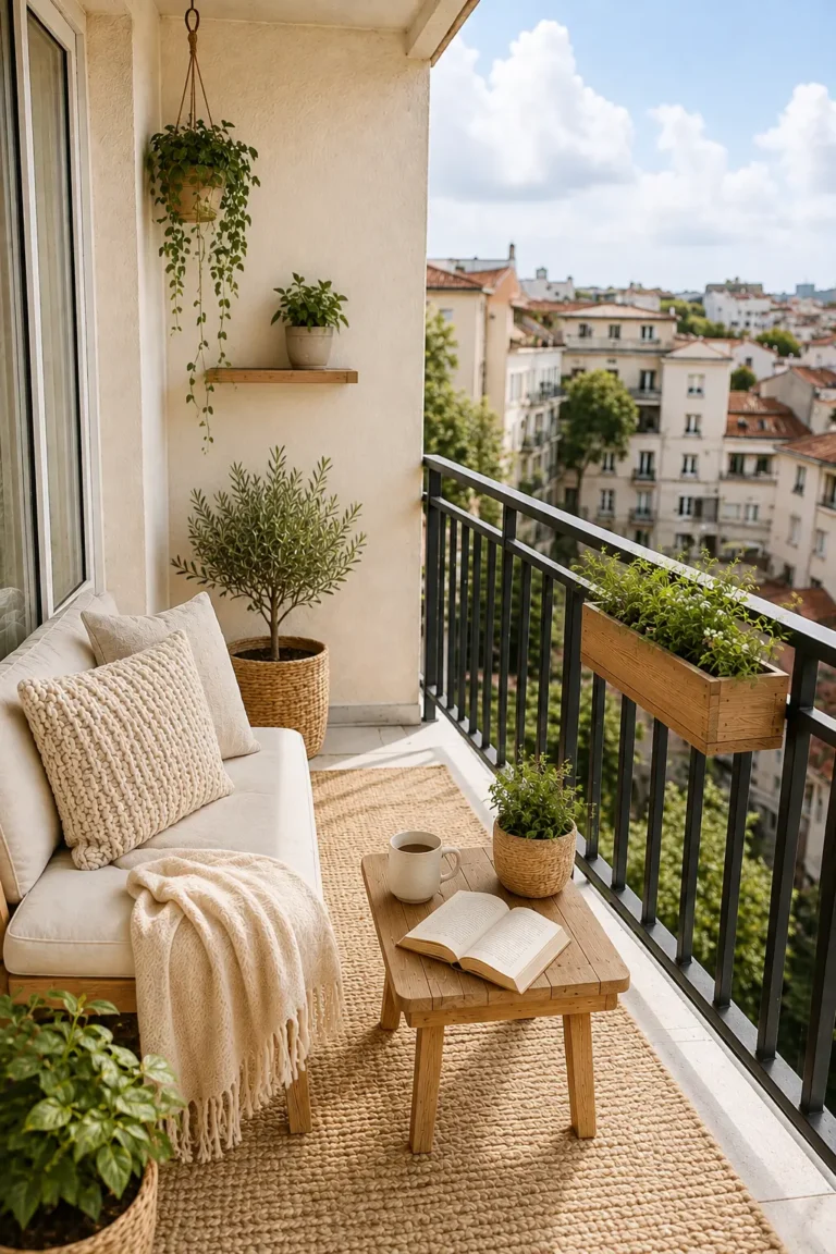 Cozy small apartment balcony with cream seating, natural wood table, soft rug, plants, open book, and coffee overlooking the city
