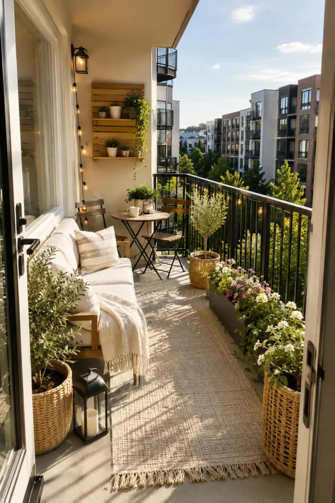 Cozy US apartment balcony viewed from the open doorway with comfortable seating, warm string lights, plants, and a city sunset view