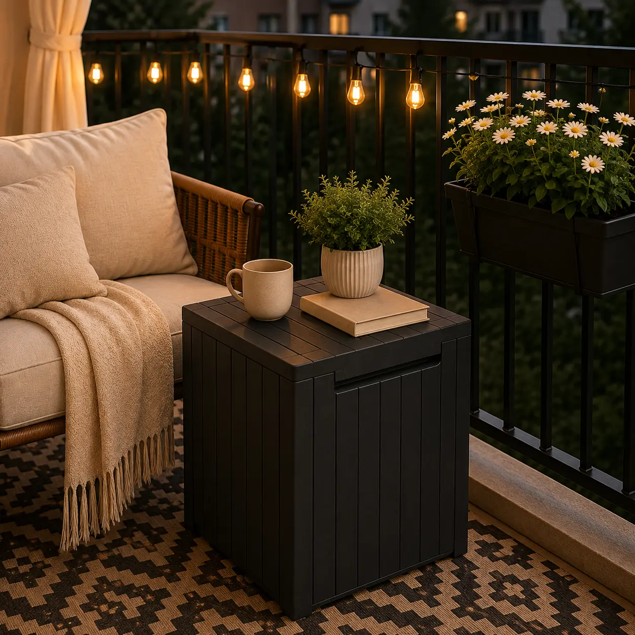 Dark gray outdoor storage box used as a side table on a cozy balcony