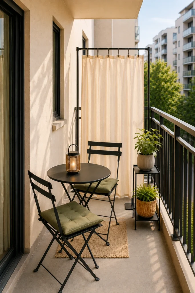 Renter-friendly apartment balcony with folding bistro chairs, freestanding privacy curtain, plant stand, and small rug