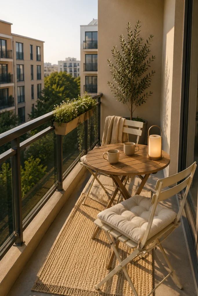 Small apartment balcony with a cream bistro set, two cushions, woven outdoor rug, railing planter, coffee mugs, and scented candles.