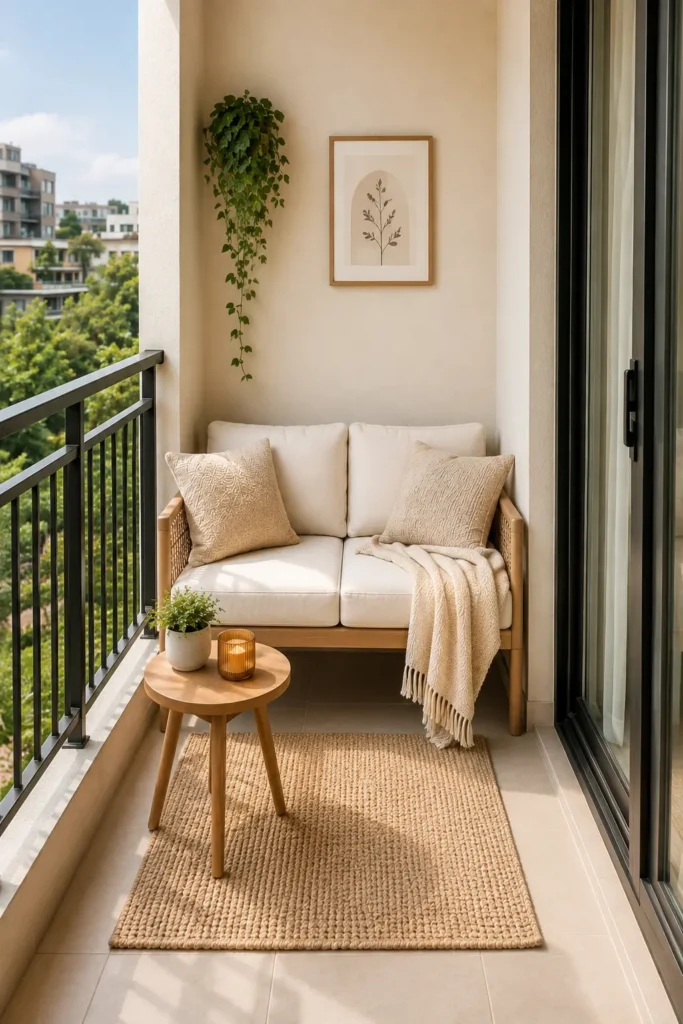 Cozy balcony decor with cream loveseat, neutral cushions, textured rug, plants, lanterns, and natural wood furniture