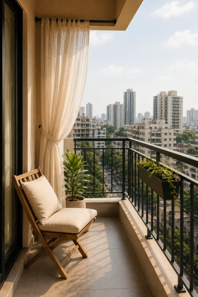 Small apartment balcony with a sheer privacy curtain, wooden folding chair, potted plant, and city view