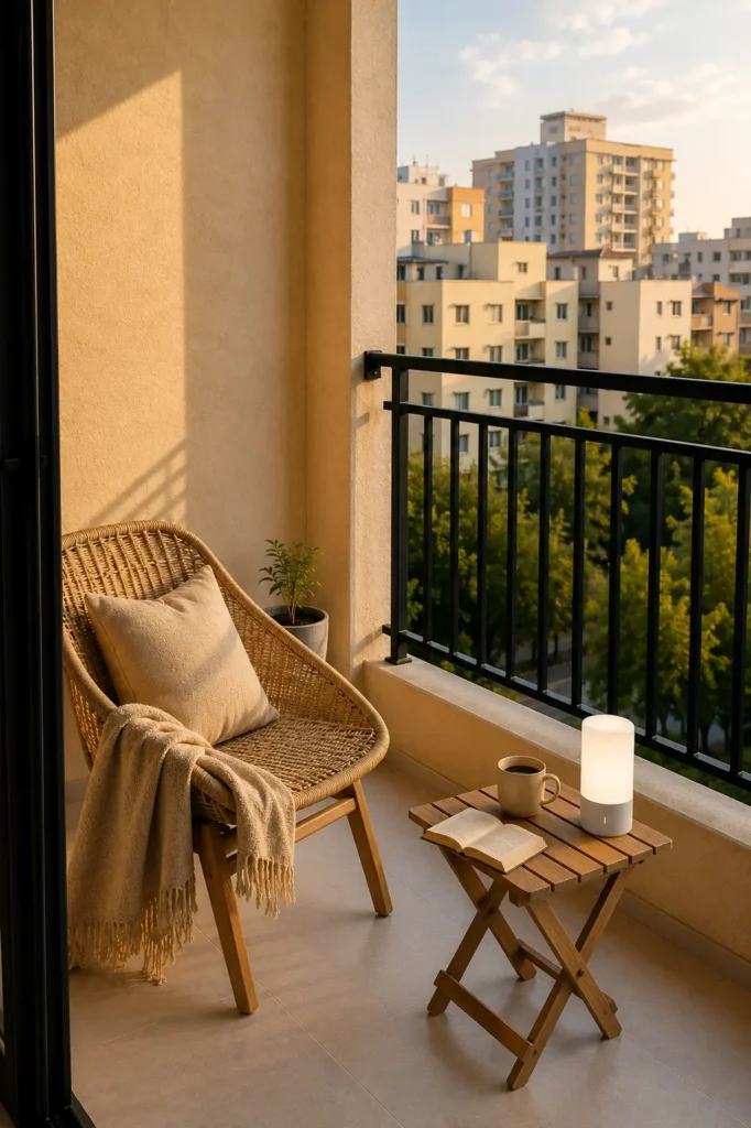 Small apartment balcony with a woven lounge chair, coffee, open book, and rechargeable lamp