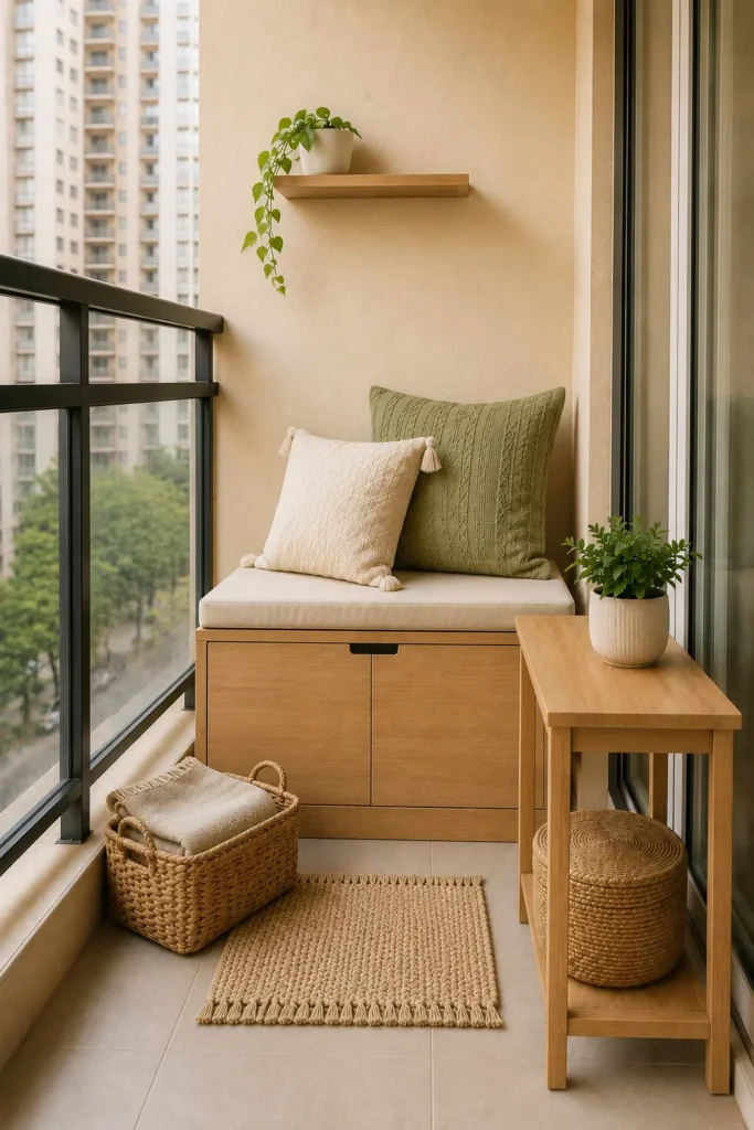 Small apartment balcony with a wooden storage bench, narrow table, woven storage basket, and compact pouf