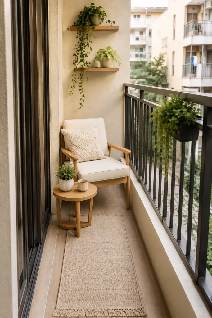 Small apartment balcony with a cream armchair, wall-mounted plant shelves, hanging greenery, and a compact rug