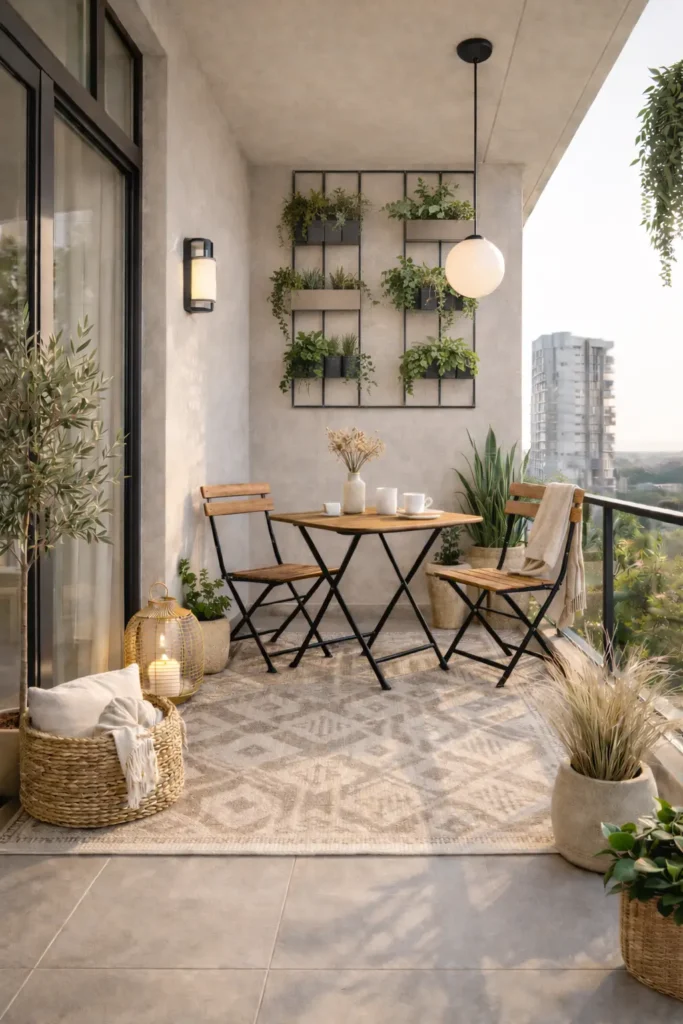 Modern small balcony with foldable bistro set, vertical garden wall, outdoor rug, and cozy neutral decor ideas for tiny apartment spaces