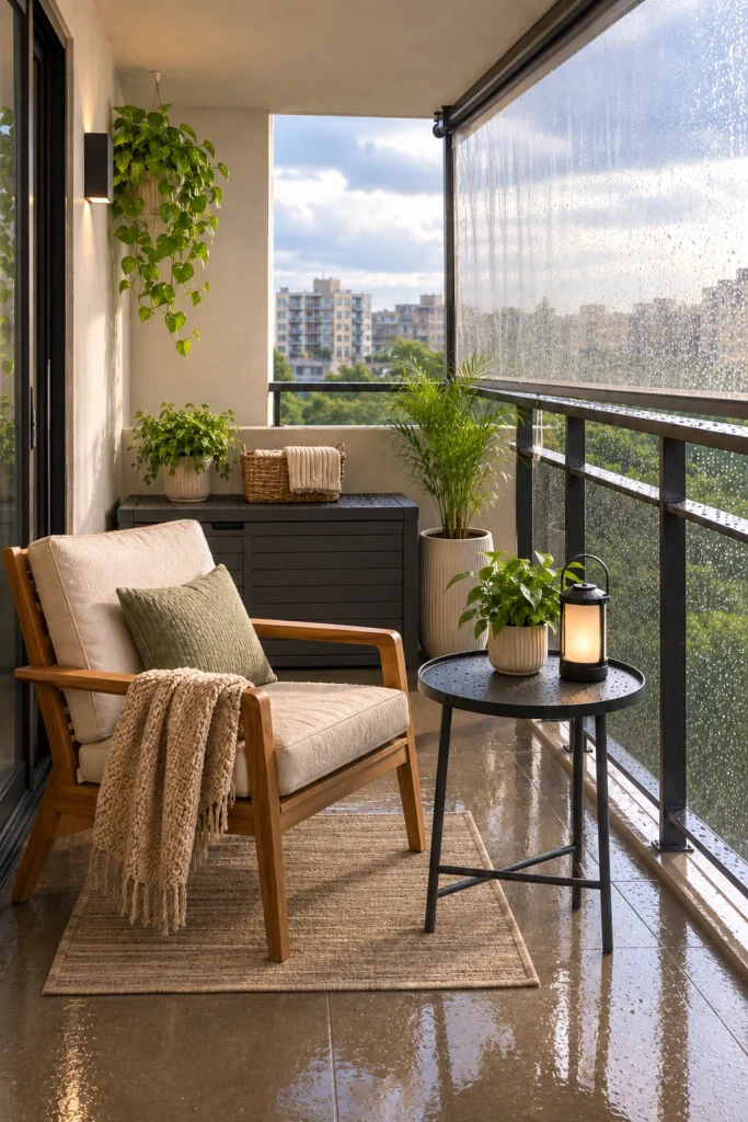 Weather-proof apartment balcony with a retractable outdoor screen, storage box, weather-resistant chair, and wet floor
