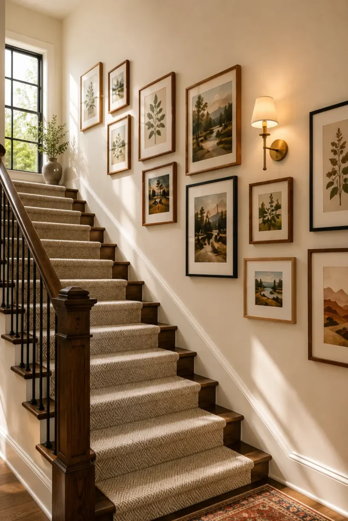 Cozy staircase gallery wall with neutral decor, botanical artwork, wood frames, dark oak stairs, and a herringbone runner in a warm modern farmhouse home.